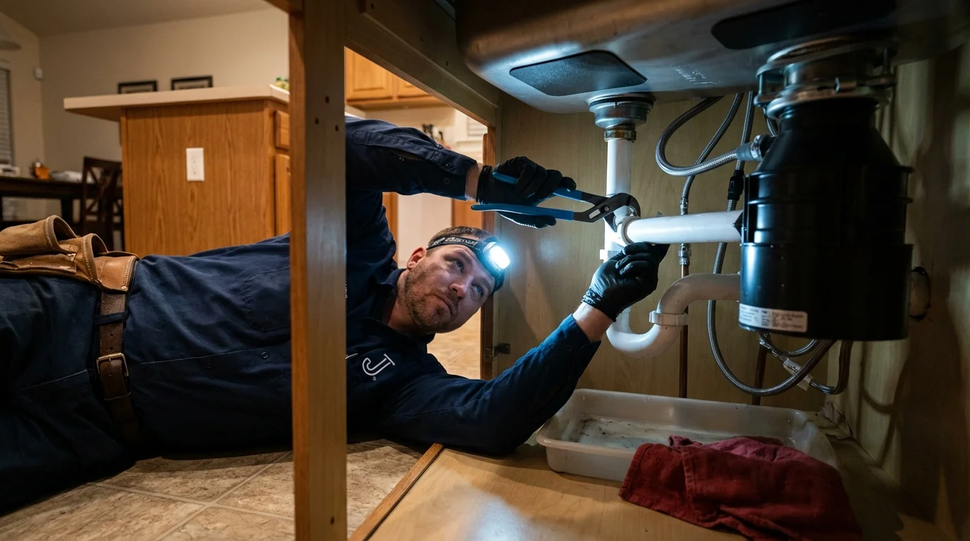 P-trap and supply line connections under a kitchen sink showing a common leak point in Lutz, FL